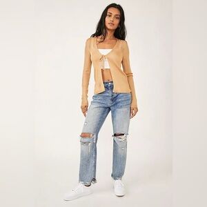 Free People Marlena Y2K sand Large front tie‎ cardigan tan gold lightweight Rock